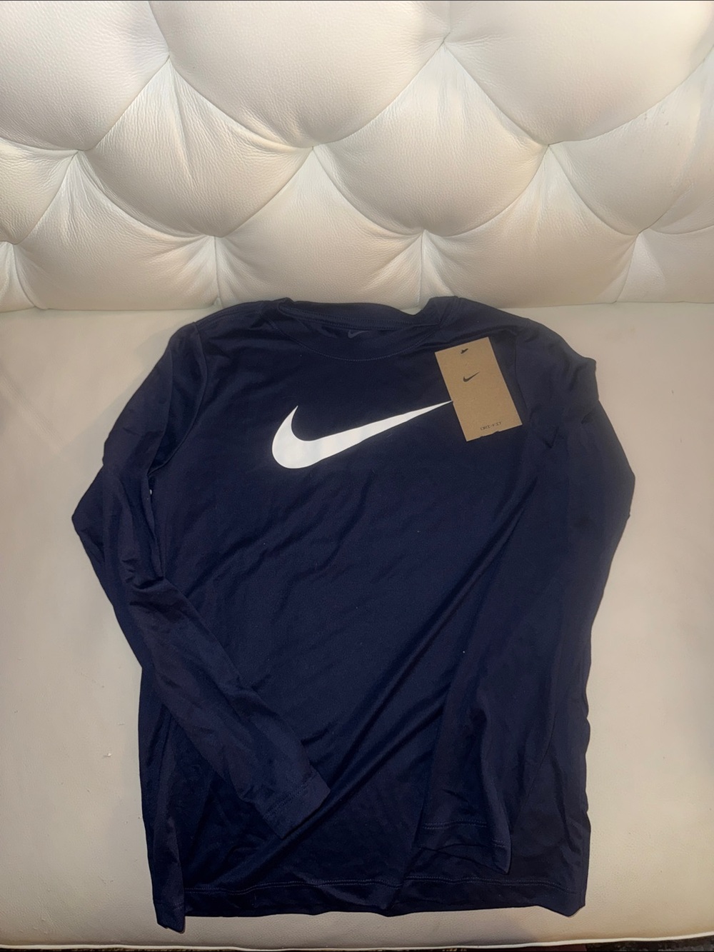 Nike Youth Navy drifit Long Sleeve Tee with White Swoosh